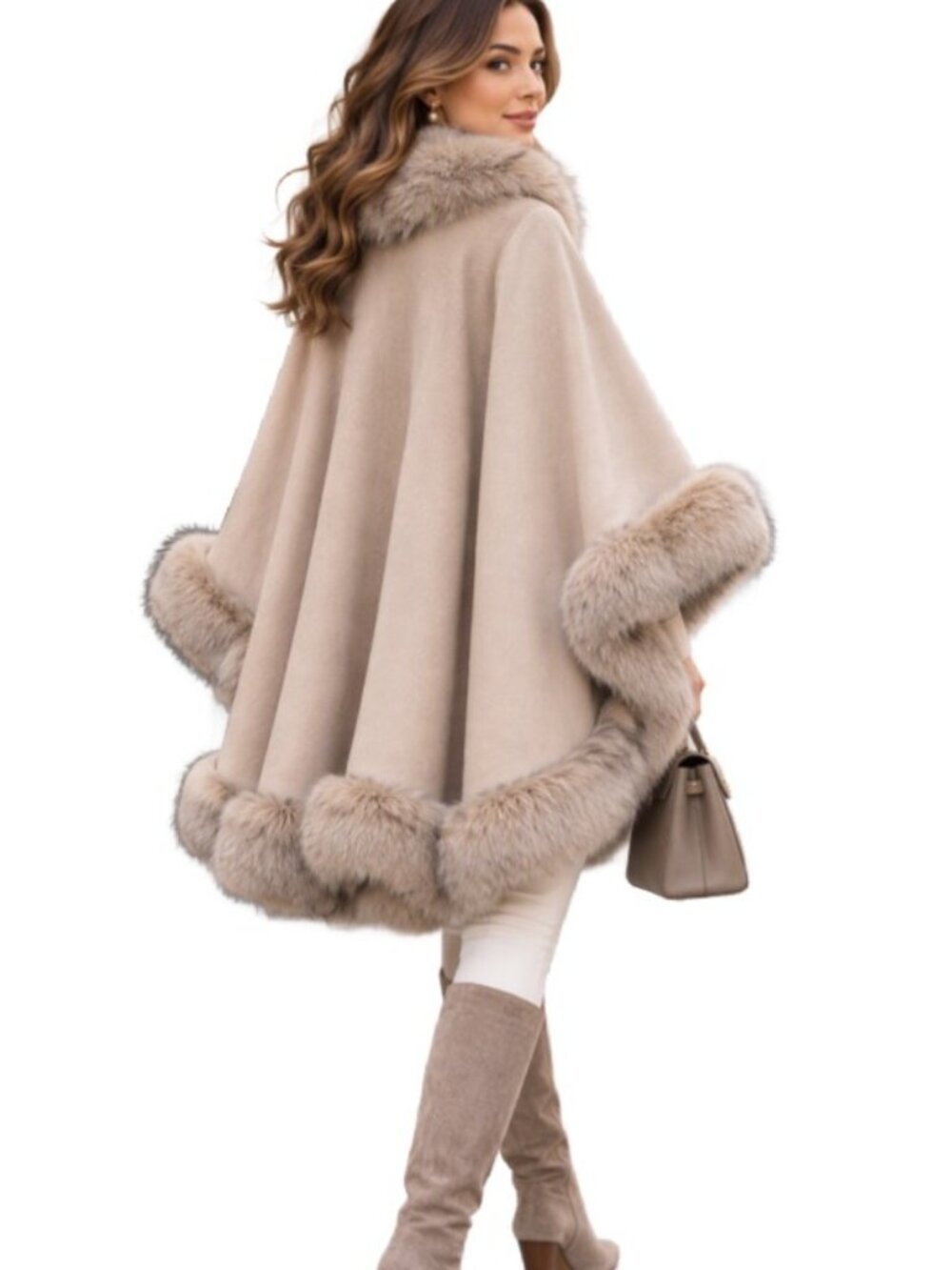 Elegant Oatmeal-Beige Cape Fluffy Faux Fur Trim Flattering Poncho Wrap